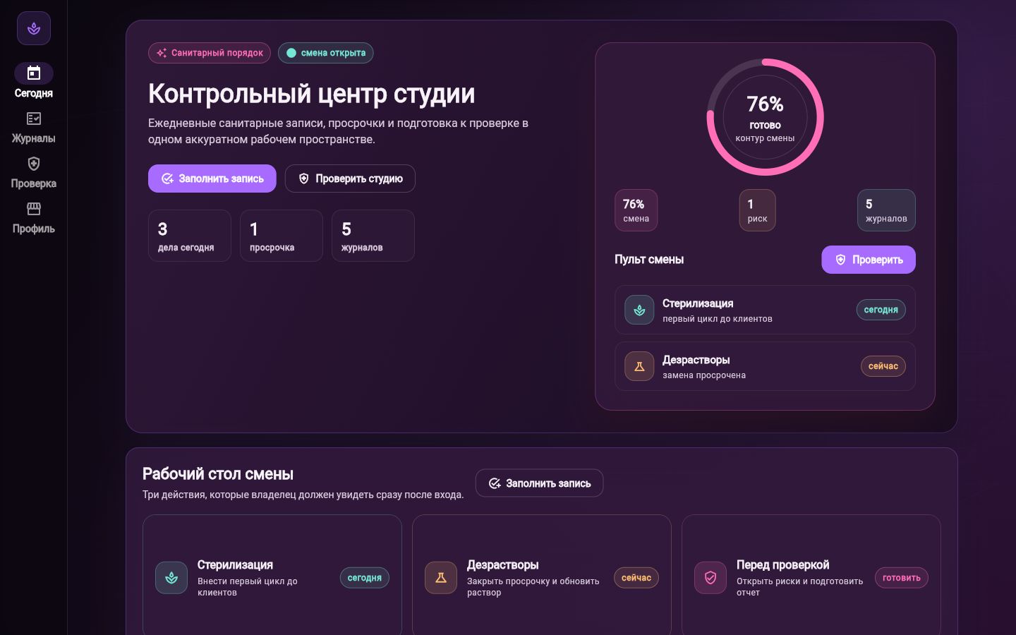 Экран SanJurnal с задачами на день и санитарными журналами